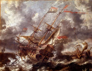Um barco holandês sem a tempestade. Pintura da escola flamenga