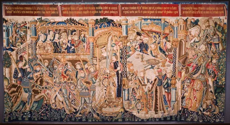 tapeçaria flamenga. Série A História de Tebas (De geschiedenis van Thebe-La Historia de Tebas): Tidio e Polineses (Tideus en Polineikes, Tidio y Polineces). Ca 1490-1500.