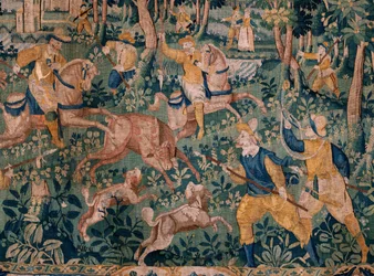 tapeçaria flamenga. Caça ao veado (Caça ao veado). Atelier de Oudenaarde. 295x331cm. Inv (82941)-1 / PRIVADO. século 17.