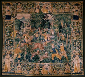 Tapeçaria flamenga. Caça ao veado. Atelier de Oudenaarde. 295x331cm. Inv (82941)-1 / PRIVADO. Século XVII.