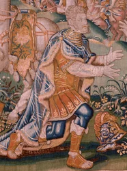 Tapeçaria flamenga. Alexandre perante Iaddo, o sumo sacerdote (Alexander voor de Hogepriester Iaddo). Atelier de Oudenaarde. 374x447cm. Inv(830-B)4 00010. Século XVII.