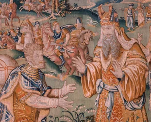 tapeçaria flamenga. Alexandre diante de Iaddo, o sumo sacerdote (Alexandre diante do Sumo Sacerdote Iaddo). Atelier de Oudenaarde. 374x447cm. Inv(830-B)4 00010. Século XVII.