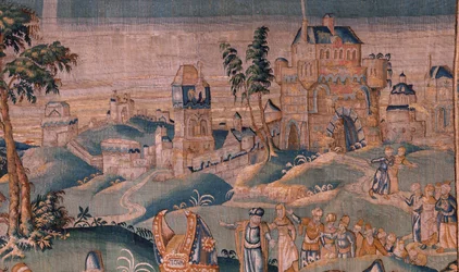 tapeçaria flamenga. Alexandre diante de Iaddo, o sumo sacerdote (Alexandre diante do Sumo Sacerdote Iaddo). Atelier de Oudenaarde. 374x447cm. Inv(830-B)4 00010. Século XVII.