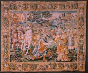 tapeçaria flamenga. Alexandre diante de Iaddo, o sumo sacerdote (Alexandre diante do Sumo Sacerdote Iaddo). Atelier de Oudenaarde. 374x447cm. Inv(830-B)4 00010. Século XVII.
