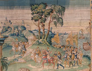 Tapeçaria flamenga. É oferecida uma coroa a Alexander. Atelier de Oudenaarde. 384x316cm. Inv (83024)-5 / 00009. Século XVII.