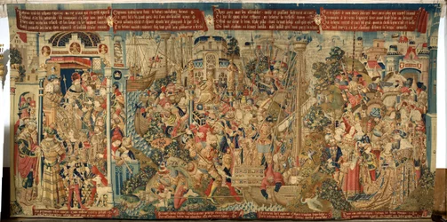tapeçaria flamenga. O Arrebatamento de Helena / de schaking van Helena). cerca de 1475-1495