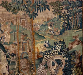 Tapeçaria flamenga. Paisagem com pérgula e grandes bestas, com 2 colunas. Atelier de Oudenaarde. 319x508cm. Inv 0023. Século XVII.