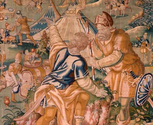 Tapeçaria flamenga. Campo militar perto do rio Granikos (Het legerkamp bij de rivier Granikos). Atelier de Oudenaarde. 377x393cm. Inv 83104-9 /00011. Século XVII.