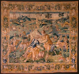 tapeçaria flamenga. Acampamento militar perto do rio Granikos. Atelier de Oudenaarde. 377x393cm. Inv 83104-9/00011. século 17.