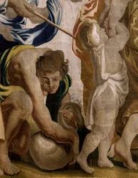 tapeçaria flamenga. Série Apoteose da Eucaristia. Colhendo maná (Recogida del maná). Desenho modelo copiado de um original de Rubens. Fabricação de Bruxelas. Fabricação por Frans van den Hecke. Meados do século XVII. Tecido Seda e lã, 7/8 teias por cm.