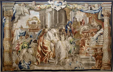 tapeçaria flamenga. Série Apoteose da Eucaristia. Sacrifício da Lei Mosaica (Sacrificio de la Ley Mosaica). Desenho modelo copiado de um original de Rubens. Fabricação de Bruxelas. Fabricação por Frans van den Hecke. Meados do século XVII. Tecido Seda e lã