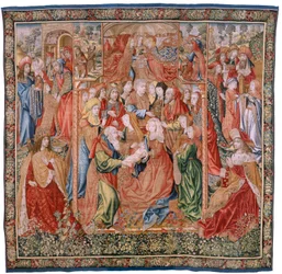 Tapeçaria flamenga. Episódios da Série da Vida da Virgem; Apresentação no Templo (Presentación en el Templo). Segunda tapeçaria da série. Modelos Atribuídos a Jan van Roome (ou van Brussel). Fabrico Pieter van Aelst, Bruxelas. Ca 1502-1504.