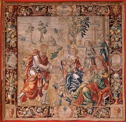 Tapeçaria flamenga. Série Esau e Jacob. Jacob reunindo as suas esposas antes de fugir para Canaã (Jacob reuniendo a sus esposas antes de huir a la tierra de Canaã). Primeira tapeçaria da série. Fabrico na Holanda, segunda metade do século XVI. Tecido