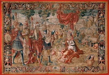 Tapeçaria flamenga. Série Esau e Jacob. Laban procura os ídolos roubados (Labán busca los ídolos robados). Segunda tapeçaria da série. Fabrico na Holanda. Segunda metade do século XVI. Lã de tecido. Localização Igreja de São Nicolau de Bari (