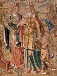 Tapeçaria flamenga. Série Esau e . Encontro entre Jacob e Esau (Encuentro entre Jacob e Esaú). Terceira tapeçaria da série. Fabrico na Holanda, segunda metade do século XVI. Fabrico de Lã de Tecido. Localização Igreja de São Nicolau de Bari (museu inaugura
