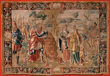 tapeçaria flamenga. Série Esaú e . Encontro entre Jacob e Esaú (Encuentro entre Jacob y Esaú). Terceira tapeçaria da série. Fabricação Holanda, segunda metade do século XVI. Tecido Lã. Localização Igreja de São Nicolau de Bari (museu inaugurado
