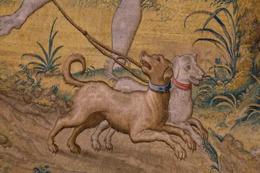 Tapeçaria flamenga. Série Fábula de Ovidius: A túnica de Ganímedes. Atelier Willem de Pannemaker, Bruxelas. Antes de 1556. Detalhe.