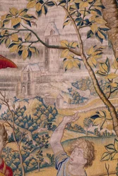 Tapeçaria flamenga. Série Fábula de Ovidius: A túnica de Ganímedes. Atelier Willem de Pannemaker, Bruxelas. Antes de 1556. Detalhe.