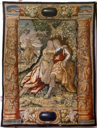 Tapeçaria flamenga. Série Gallantry (Galante). Casal com músico (Pareja con músico). Fabrico em Bruxelas, início do século XVII. Tecido de seda e lã, 5/6 urdiduras por cm. Tamanho 348 x 263 cm. Localização Igreja de San Millán de la Cogolla, Oncala (Soria)