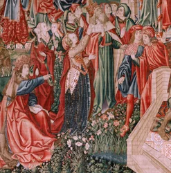 Tapeçaria flamenga. Série Redenção Humana ou Vícios e Virtudes. Cristo Salvador como Criança (Cristo Salvador como Niño). Quinta tapeçaria da série (segunda das guardadas em Palência). Fabrico de Bruxelas, oficina. Ca 1510. Tamanho 425 x 800 cm. Tecido