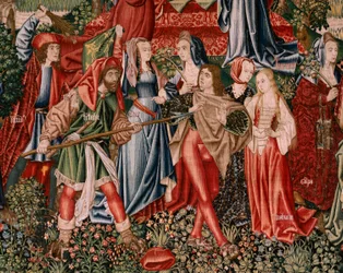 Tapeçaria flamenga. Série Redenção Humana ou Vícios e Virtudes. Os vícios levam o Homem ao pecado (Los Vicios conduen al Hombre al pecado). Segunda tapeçaria da série (primeira das mantidas em Palência. Fabrico de Bruxelas, oficina. Ca 1510. Tamanho 425 x 