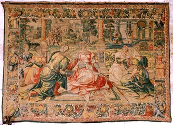 Tapeçaria flamenga. Série Mark Anthony e Cleopatra. Cleopatra e a sua corte (Cleopatra en su corte). Modelo de desenho animado atribuído a Pieter Coecke van Aelst. Fabrico Bruxelas(?). Segunda metade do século XVI. Seda de tecido e lã. Tamanho 310 x 435 cm