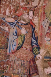 tapeçaria flamenga. Série Moralidades: A virtude das honras (De deugd van de Honores, A virtude das honras). Ca 1520. Detalhe
