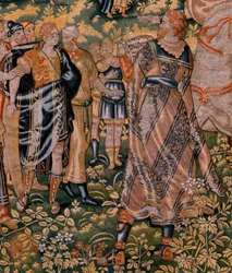 Tapeçaria flamenga. Série História de Cyrus. No II Astyages reconhece Cyrus (Ciro reconocido por Astiages). Anónimo, baseado em Michiel Coxcie. Atelier Antuérpia. Seda e lã. Ca 1590.