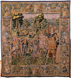 Tapeçaria flamenga. Série História de Cyrus. No II Astyages reconhece Cyrus (Ciro reconocido por Astiages). Anónimo, baseado em Michiel Coxcie. Atelier Antuérpia. Seda e lã. Ca 1590.