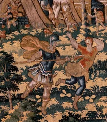 Tapeçaria flamenga. Série História de Cyrus. No V Combate entre dois guerreiros e a morte de Cyrus (Combate de dos guerreros y muerte de Ciro). Anónimo, baseado em Michiel Coxcie. Atelier Antuérpia. Seda e lã. Ca 1590.