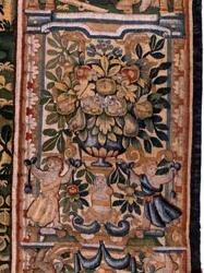 Tapeçaria flamenga. Série História de Cyrus. No V Combate entre dois guerreiros e a morte de Cyrus (Combate de dos guerreros y muerte de Ciro). Anónimo, baseado em Michiel Coxcie. Atelier Antuérpia. Seda e lã. Ca 1590.