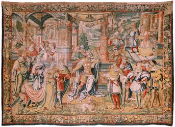 tapeçaria flamenga. Série História de Davi. Davi antes de Saul (David ante Saúl). Modelo de Bernard van Orley. Fabricação Bruxelas. Ca1525. Tecido Seda e lã. Tamanho 560 x 410 cm. Localização Catedral de Burgos. Origem Um legado à catedral em 1535 por Cart