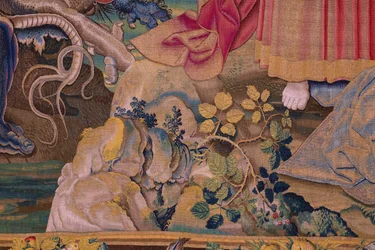 Tapeçaria flamenga. Série O Apocalipse: São Miguel derrotando o dragão. Atelier Willem Dermoyen, Bruxelas. Ca 1553-1555. Detalhe.