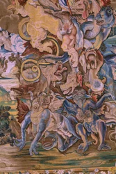 Tapeçaria flamenga. Série O Apocalipse: São Miguel derrotando o dragão. Atelier Willem Dermoyen, Bruxelas. Ca 1553-1555. Detalhe.