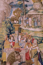 tapeçaria flamenga. Série O Apocalipse: São Miguel derrotando o dragão. Atelier Willem Dermoyen, Bruxelas. Ca 1553-1555. Detalhe.