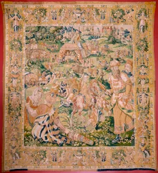 Tapeçaria flamenga. Série: O Livro de Judite. Banquete de Holofernes (El banquete de Holofernes). Sexta tapeçaria da série. Fabrico: Holanda, Bruxelas(?). Segunda metade do século XVI. Tecido: Lã. Localização: Igreja de São Nicolau de Bari (m