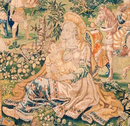 Tapeçaria flamenga. Série O Livro de Judite. Judith perante Holofernes (Judith ante Holofernes). A quinta tapeçaria da série. Fabrico Holanda, Bruxelas(?). Segunda metade do século XVI. Lã de tecido. Localização Igreja de São Nicolau de Bari (mus