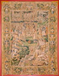 Tapeçaria flamenga. Série O Livro de Judite. Judith mostra a cabeça de Holofernes (Judith muestra la cabeza de Holofernes). A nona tapeçaria da série. Fabrico Holanda, Bruxelas(?). Segunda metade do século XVI. Lã de tecido. Localização Igreja de Saint