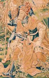 Tapeçaria flamenga. Série O Livro de Judite. A decapitação de Holofernes (La decapitación de Holofernes). A sétima tapeçaria da série. Fabrico Holanda, Bruxelas(?). Segunda metade do século XVI. Lã de tecido. Localização Igreja de São Nicolau