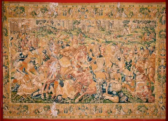 Tapeçaria flamenga. Série O Livro de Judite. Cena de guerra (Escena bélica). A terceira tapeçaria da série. Fabrico Holanda, Bruxelas? Segunda metade do século XVI. Lã de tecido. Localização Igreja de São Nicolau de Bari (museu inaugurado em 2009). Origem