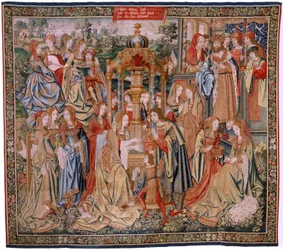 tapeçaria flamenga. Série A História de Davi e Bate-Seba. Bathseba em seu banho (Betsabé en el baño sorprendida por David). Primeiro painel da série. Modelo Anônimo. Fabricação Desconhecida, Bruxelas