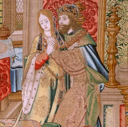 tapeçaria flamenga. Série A História de Davi e Bate-Seba. Casamento de David e Bate-Seba (Casamiento de David y Betsabé). Segundo painel da série. Modelo Anônimo. Fabricação Desconhecida, Bruxelas. 1505. Tecido Ouro, seda e lã.