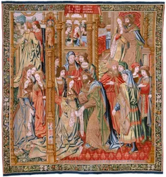 Tapeçaria flamenga. Série A História de David e Bathsheba. Casamento de David e Bathsheba (Casamiento de David y Betsabé). Segundo painel da série. Modelo Anónimo. Fabrico Desconhecido, Bruxelas. 1505. Tecido Ouro, seda e lã.