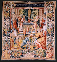 Tapeçaria flamenga. Série A História de Hannibal. Juramento de Aníbal de Hannibal. A primeira tapeçaria da série. Desenhos animados anónimos do mestre dos Países Baixos. Fabrico de Bruxelas, oficina. Ca 1570. Lã e seda de tecido, 6,5/7 urdiduras por cm. Ta