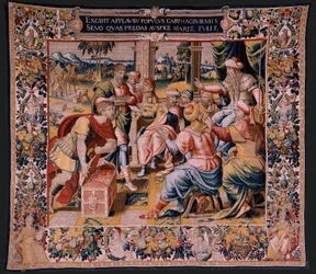 Tapeçaria flamenga. Série A História de Hannibal. Mago, mensageiro de Hannibal, em Cartago (Magón, mensajero de Aníbal, em Cartago). Quinta tapeçaria das que foram preservadas. Modelos Anónimos mestre dos Países Baixos. Fabrico de Bruxelas, oficina. Ca 157