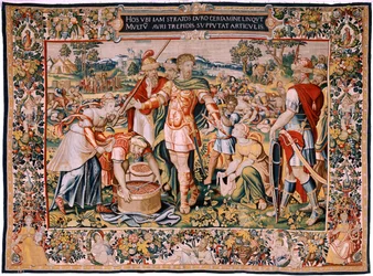 Tapeçaria flamenga. Série A História de Hannibal. A pilhagem de Cannae (El botín de Cannas). A quarta tapeçaria dos que foram preservados. Modelos Anónimos mestre dos Países Baixos. Fabrico dos ateliers de Bruxelas. Ca 1570. Lã e seda de tecido, 6,5/7 urdi
