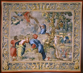 tapeçaria flamenga. Série A História de Moisés. Moisés no monte Sinai. Atelier Joost van Herzele. cerca de 1550.