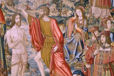 Tapeçaria flamenga. Série A História de São João Baptista: O Baptismo de Cristo (Het doopsel van Christus). Atelier de Bruxelas. 1515-1520.