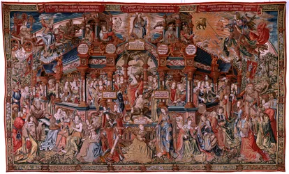 Tapeçaria flamenga. Série As Honras. Virtude (La Virtu, El Vicio). Oitava tapeçaria da série. Modelos caricaturistas do círculo de Bernard van Orley e Jan Gossaert (Mabuse). Fabrico Pieter van Aelst, Bruxelas. Ca 1550. Tecido Ouro, prata, seda a