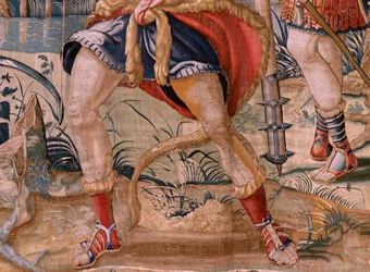 tapeçaria flamenga. Série Os Trabalhos de Hércules. Hércules e as aves do Estínfalo (Hércules y las aves del lago Estínfalo). Primeira tapeçaria da série existente. Modelo Desconhecido. Manufatura Willem Dermoyen, Bruxelas. Ca 1528. Tecido Seda e lã. ; Tam